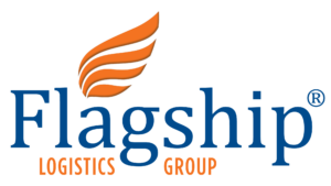 Logo of Flagship Logistics Group, featuring blue text with an orange wing design and the words "Flagship Logistics Group" in blue and orange.