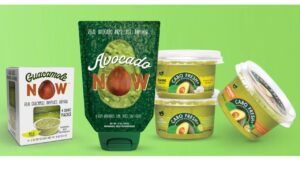 Assorted avocado and guacamole products including a tube, box, and tubs displayed against a green background.