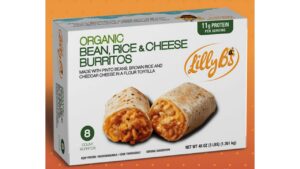 Box of Lilly B's Organic Bean, Rice & Cheese Burritos, featuring 8 burritos with pinto beans, brown rice, and cheddar cheese in a flour tortilla. Contains 11g protein per serving.