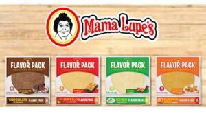 Five Mama Lupe's tortilla flavor packs displayed: chocolate, buffalo, ranch, pumpkin spice, and original. Each pack contains six tortillas.